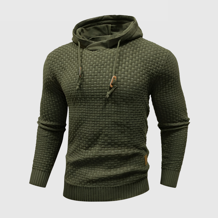 Olivgrüner Strickpullover mit Kapuze, Herrenmode, strukturiertes Design, Freizeitkleidung.