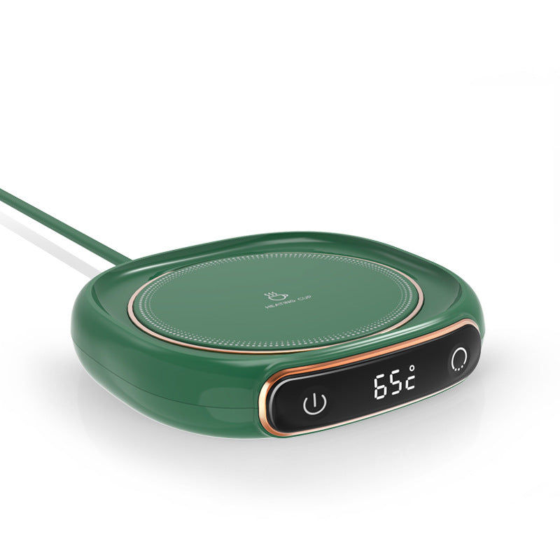 Grüner Tassenwärmer mit digitalem Display, Temperaturanzeige, USB-Anschluss, modernem Design.