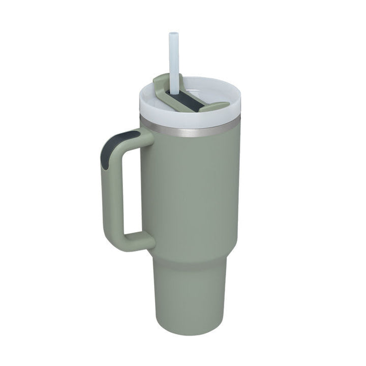 Grüner Thermobecher mit Henkel und Strohhalm, Edelstahl, 1 Liter, isoliert, wiederverwendbar.