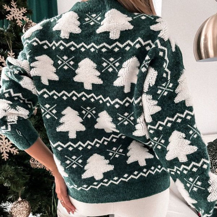 Grüner Weihnachtspullover mit weißen Tannenbäumen, Damenmode, Winterkleidung, Strickmuster.