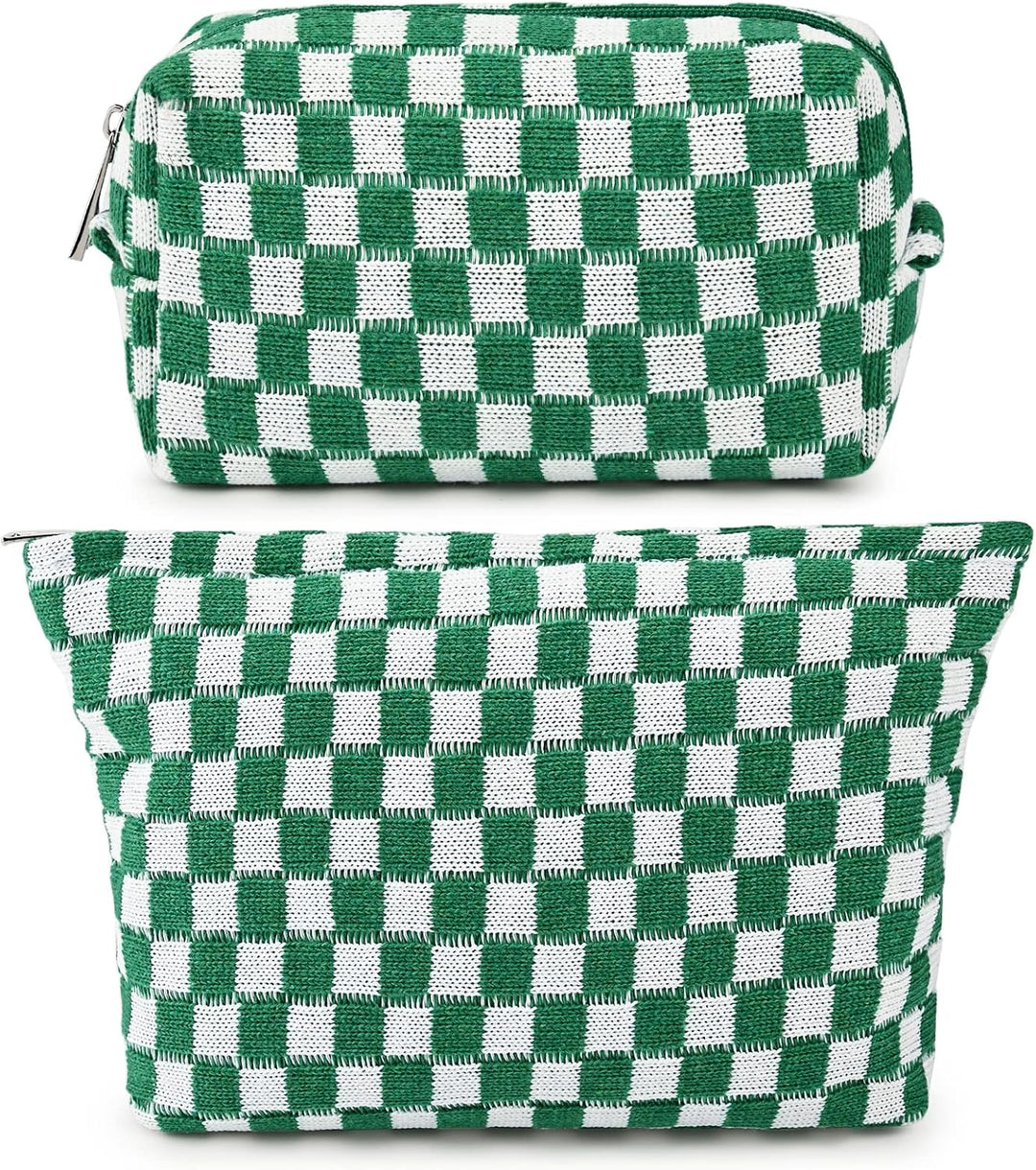 Grün-weiß karierte Kosmetiktasche, Reißverschluss, Baumwolle, Reise-Organizer, stilvoll.