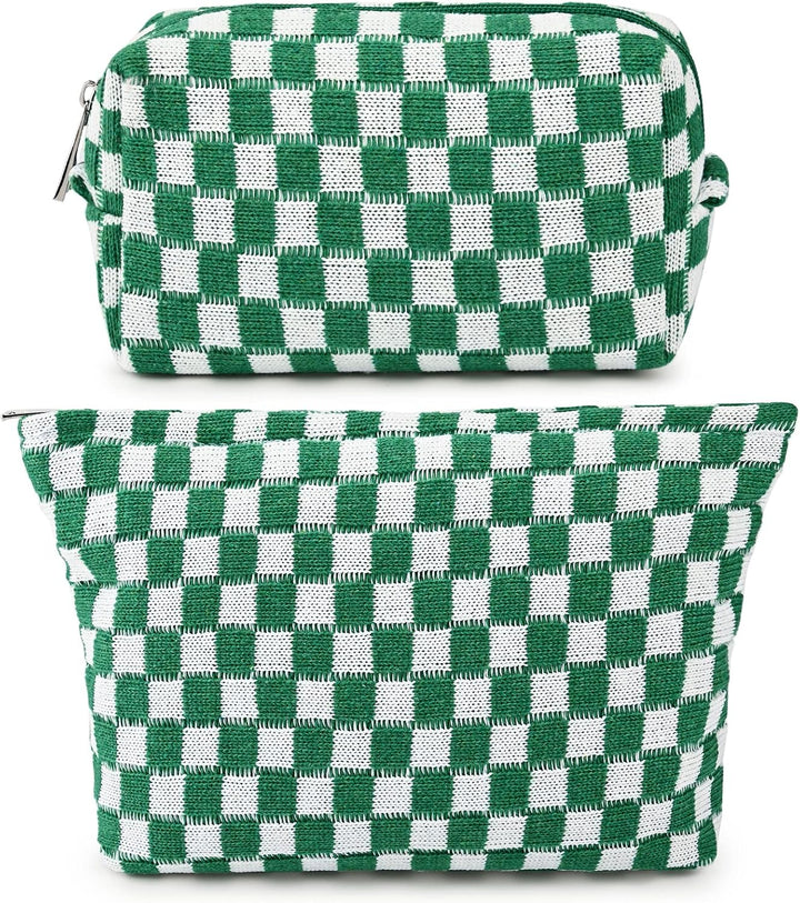 Grün-weiß karierte Kosmetiktasche, Reißverschluss, Baumwolle, Reise-Organizer, stilvoll.