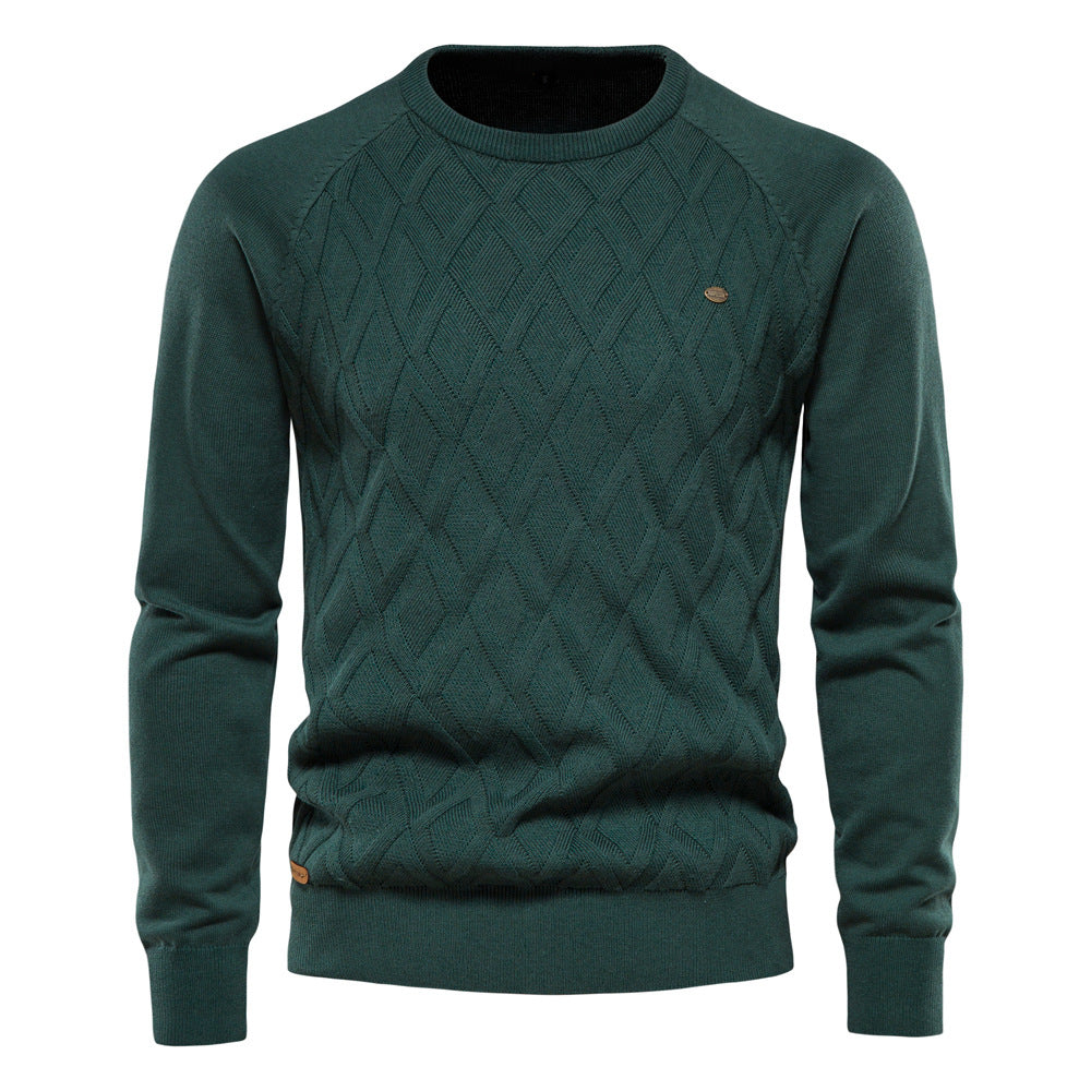 Grüne Herrenstrickpullover aus Baumwolle, Zopfmuster, langärmelig, Herbst-Winter-Mode.
