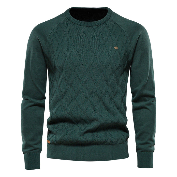 Grüne Herrenstrickpullover aus Baumwolle, Zopfmuster, langärmelig, Herbst-Winter-Mode.