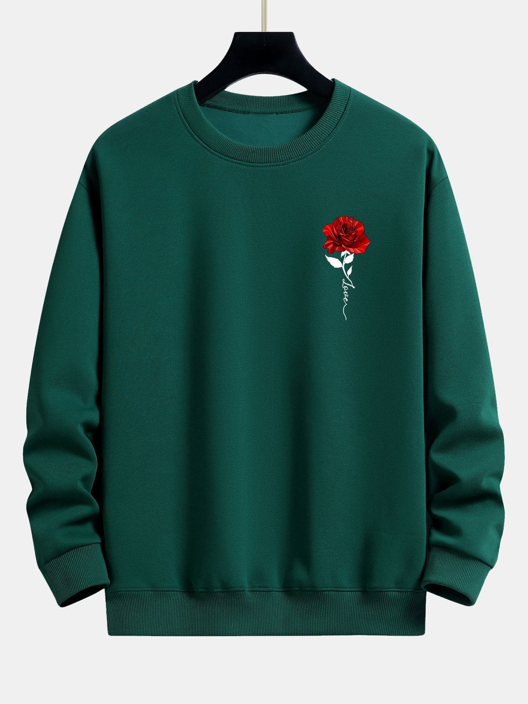 Grüner Pullover mit roter Rosenstickerei, Unisex, Baumwolle, modisch, bequem.