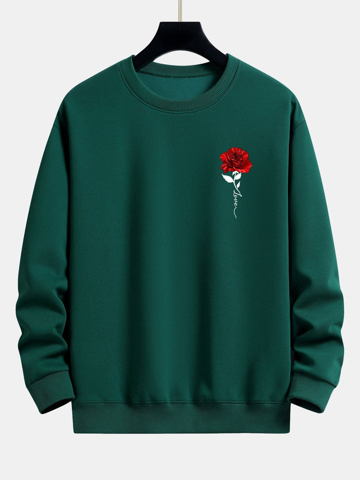 Grüner Pullover mit roter Rosenstickerei, Unisex, Baumwolle, modisch, bequem.