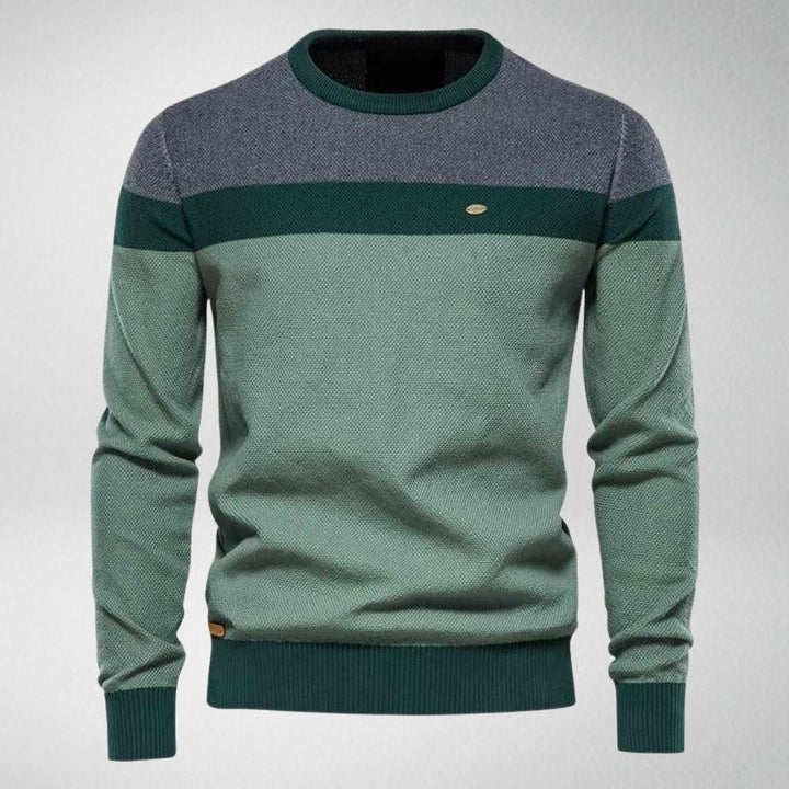 Grüner Herrenpullover, Rundhals, gestreift, Baumwolle, modisch, bequem, Herbstmode.