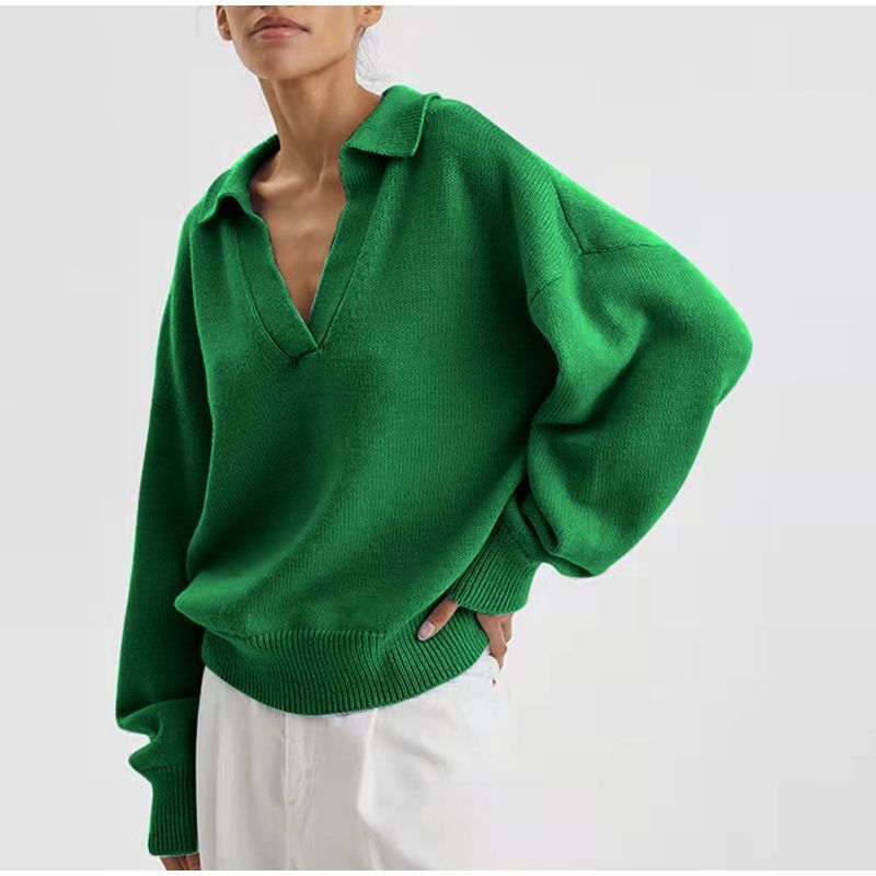 Grüner Damenpullover mit V-Ausschnitt, langärmlig, aus Baumwolle, modisch, bequem.
