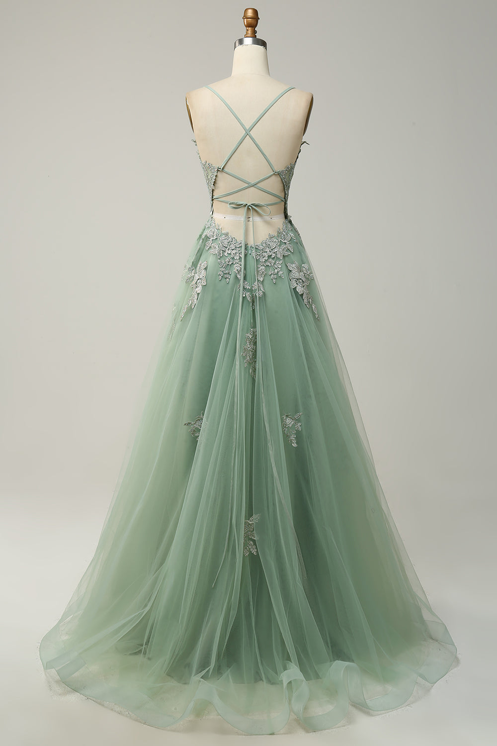 Grünes Abendkleid mit Spitze, Rückenfrei, Tüll, A-Linie, elegantes Design, Ballkleid.