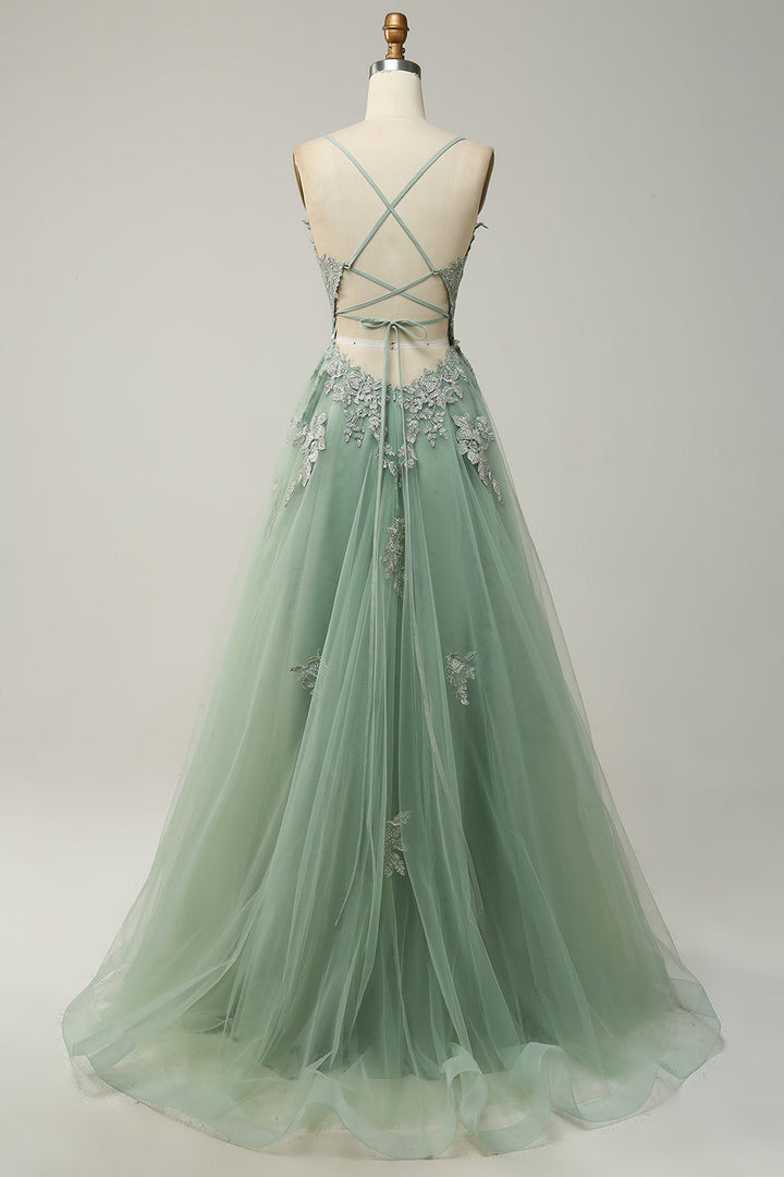 Grünes Abendkleid mit Spitze, Rückenfrei, Tüll, A-Linie, elegantes Design, Ballkleid.