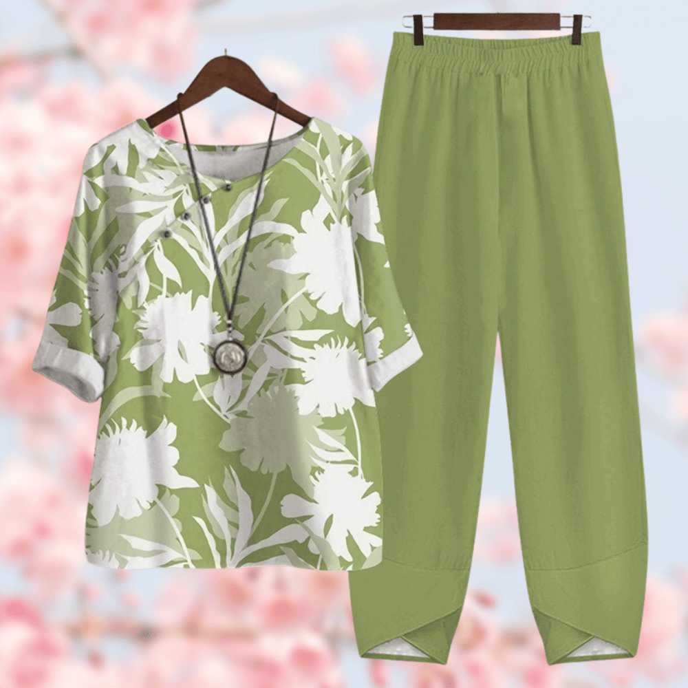 Grünes Damen-Outfit, florales Shirt und Hose, lässig, Baumwolle, Frühling, Mode.