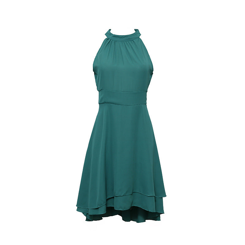 Grünes ärmelloses Cocktailkleid aus Chiffon, elegantes Design, knielang, Damenmode.