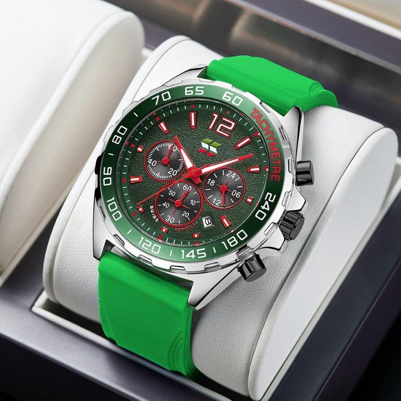 Grüne Herrenarmbanduhr mit Tachymeter, Edelstahlgehäuse, Chronograph, sportlich, modern.