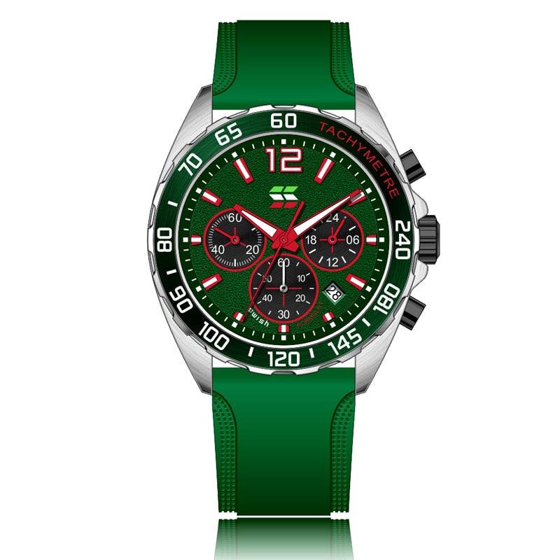 Grüne Sportuhr mit Tachymeter, Edelstahlgehäuse, Chronograph, rotes Zifferblatt, Herrenuhr.