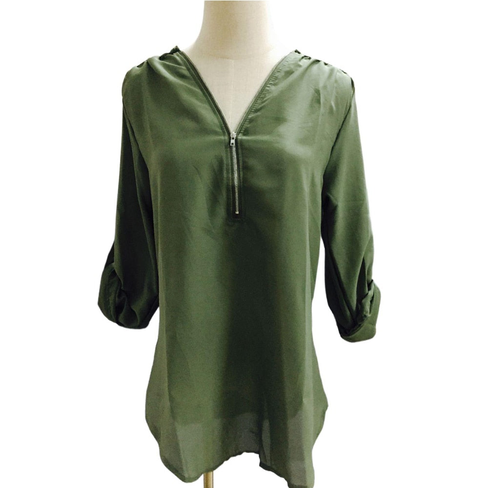 Grüne Damenbluse mit Reißverschluss, 3/4-Ärmel, lässig, elegant, V-Ausschnitt, Baumwolle.