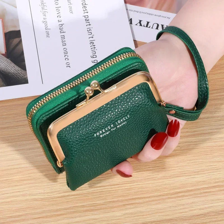 Grüne Leder-Geldbörse mit Reißverschluss und Schnappverschluss, Damenhandtasche, elegant.