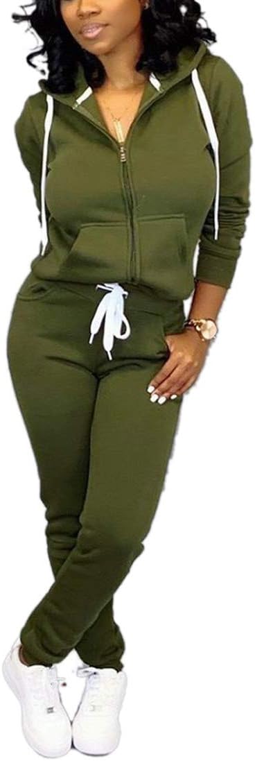 Damen Jogginganzug, olivgrün, Kapuzenjacke mit Reißverschluss, weiße Schnürung, Freizeitmode.