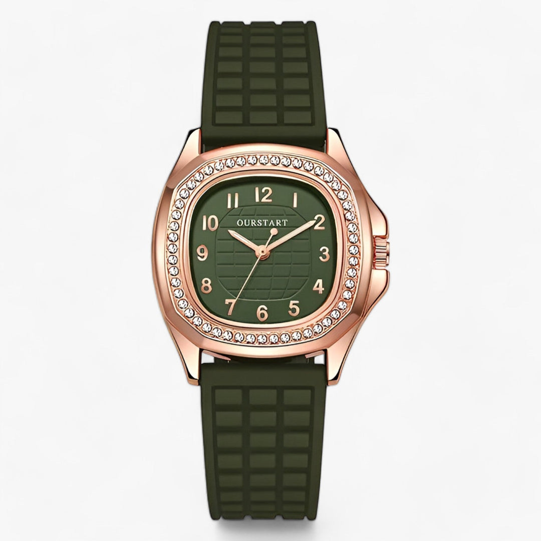 Grüne Armbanduhr mit roségoldenem Gehäuse und Strasssteinen, elegantes Design, Damenuhr.