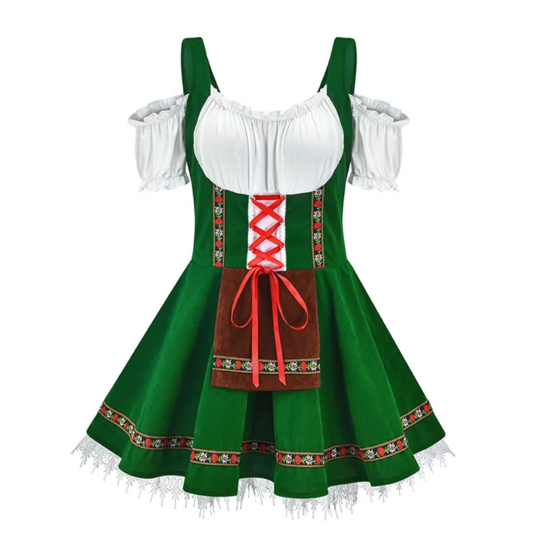 Grünes Dirndlkleid mit weißer Bluse, roter Schnürung, Blumenmuster, traditionell, Oktoberfest.