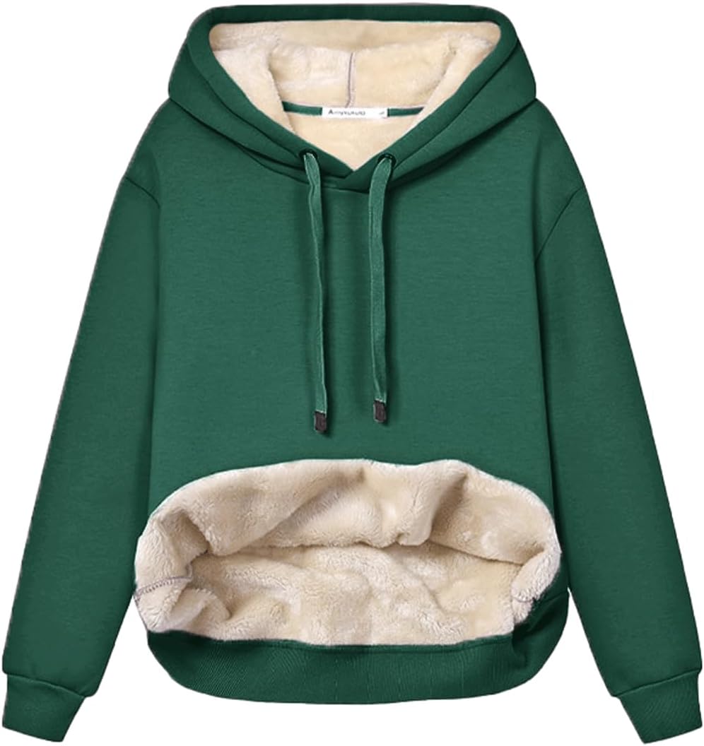 Grüner Kapuzenpullover mit Plüschfutter, Kängurutasche, warm, bequem, Wintermode.