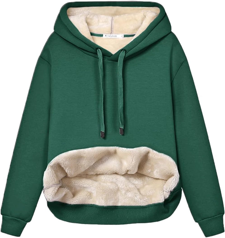 Grüner Kapuzenpullover mit Plüschfutter, Kängurutasche, warm, bequem, Wintermode.