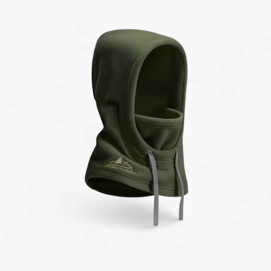 Grüne Fleece-Sturmhaube mit Kordelzug, Outdoor-Bekleidung, winddicht, warm, für Winter.