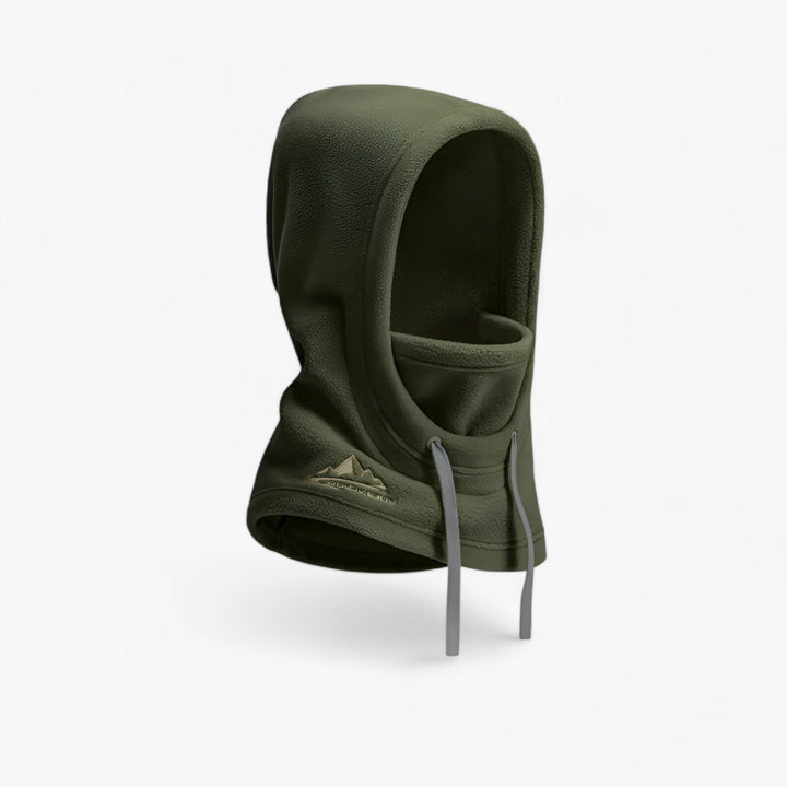 Grüne Fleece-Sturmhaube mit Kordelzug, Outdoor-Bekleidung, winddicht, warm, für Winter.