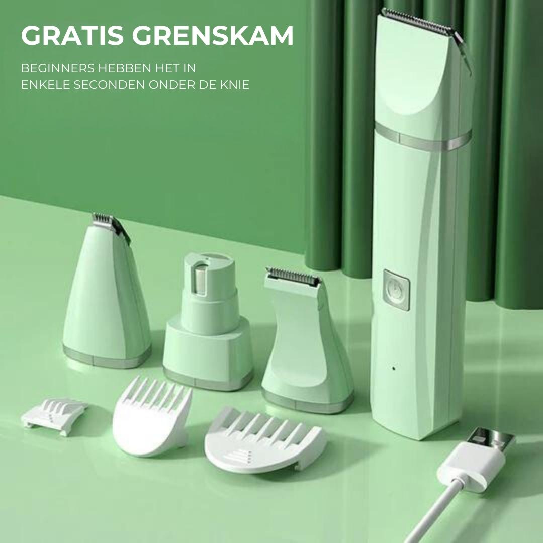 Grüner elektrischer Haarschneider-Set mit Aufsätzen auf grünem Hintergrund.