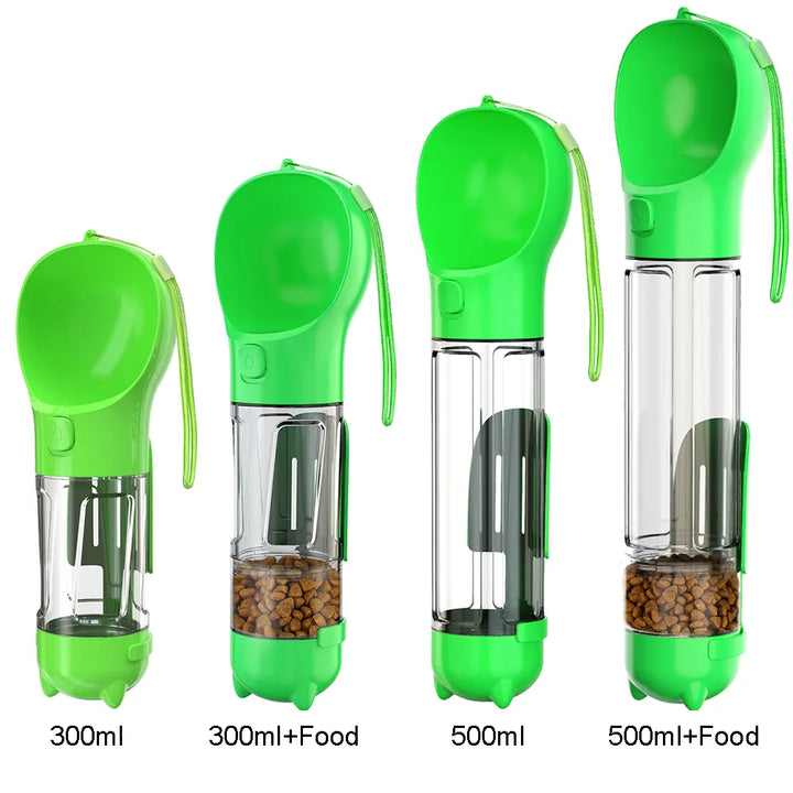 Grüne tragbare Hundewasserflasche mit Futterbehälter, 300ml bis 500ml, auslaufsicher.