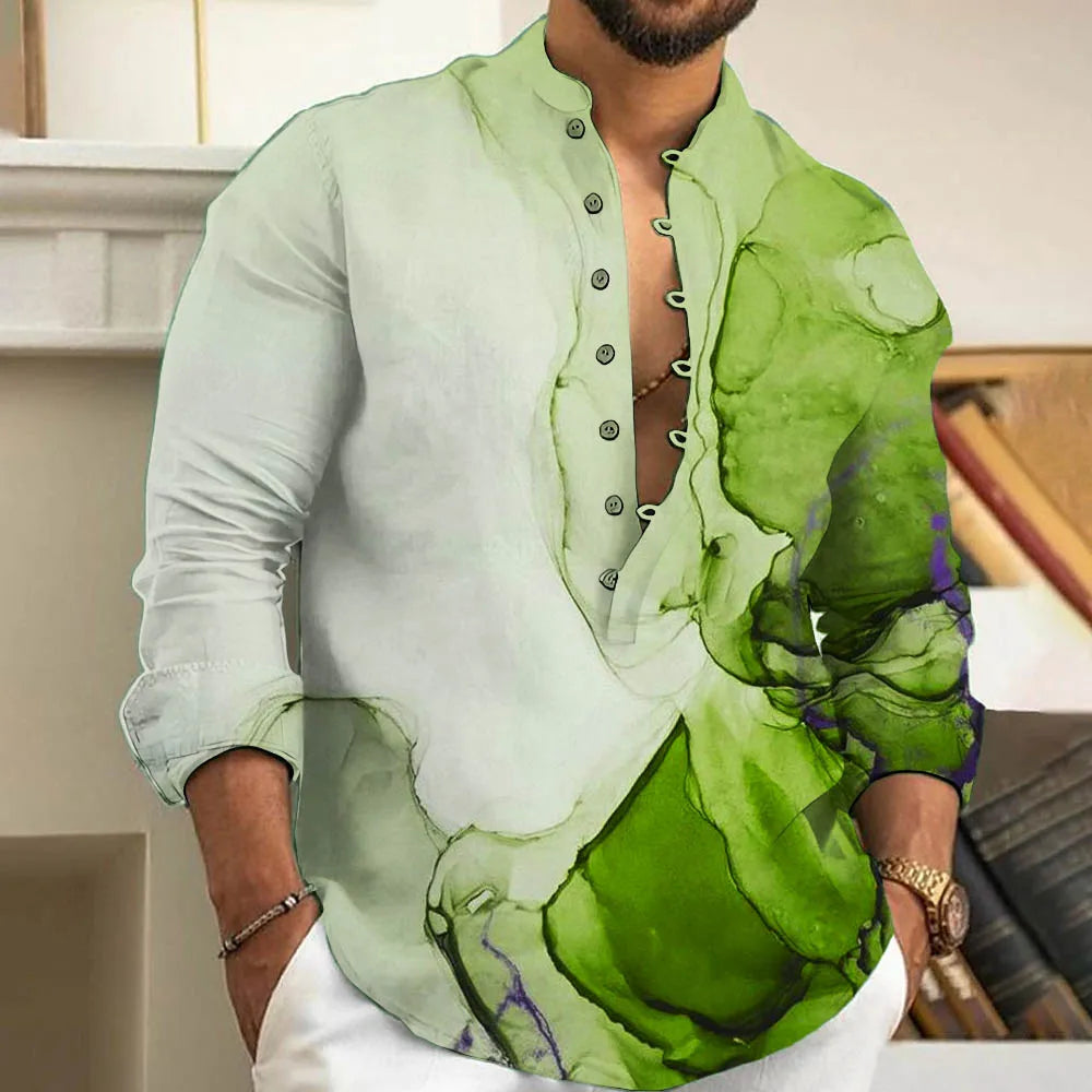 Herrenhemd grün-weiß, Mandarinkragen, Knopfleiste, Freizeitmode, Baumwolle.