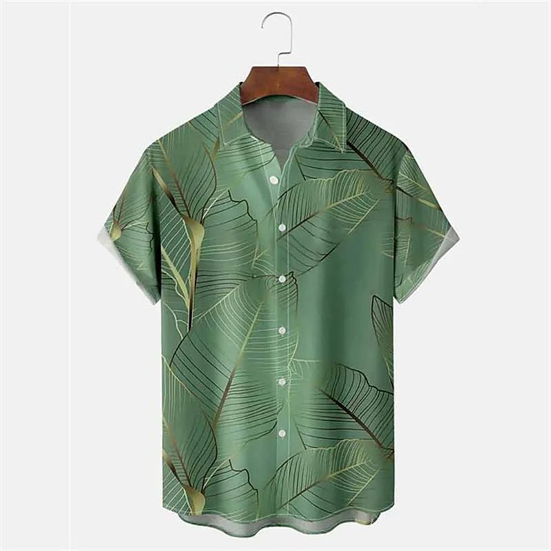 Grünes Hawaii-Hemd mit Blattmuster, Kurzarm, Knopfleiste, tropisches Design.