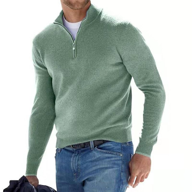 Grüner Herren-Pullover mit Reißverschluss, langärmelig, casual, aus Baumwolle.