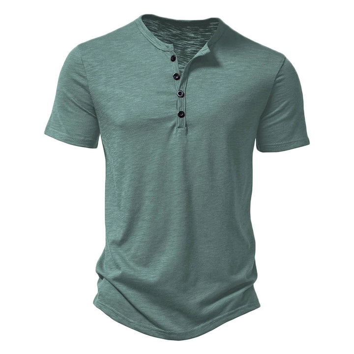 Grünes Herren-T-Shirt mit Knopfleiste, Kurzarm, Baumwolle, modisch, bequem.