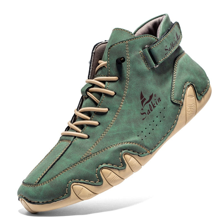 Grüner Herren-Sneaker aus Leder mit Klettverschluss, bequeme Freizeitschuhe, rutschfeste Sohle.