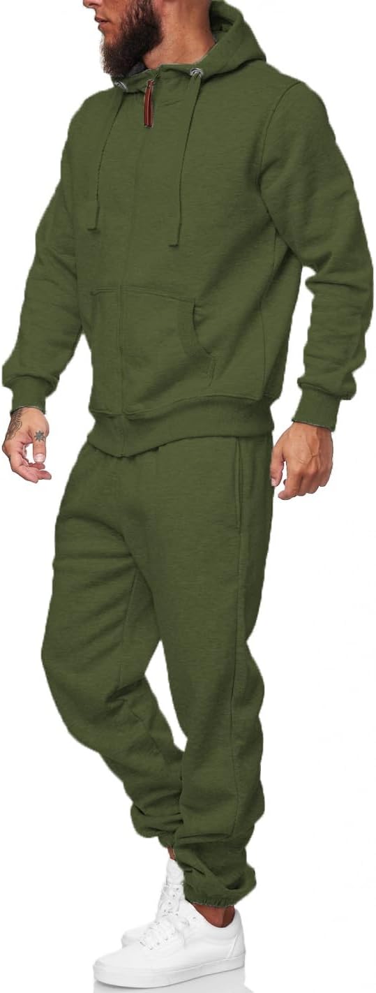 Grüner Herren-Trainingsanzug mit Kapuze, Jogginghose, Baumwolle, sportlich, bequem.