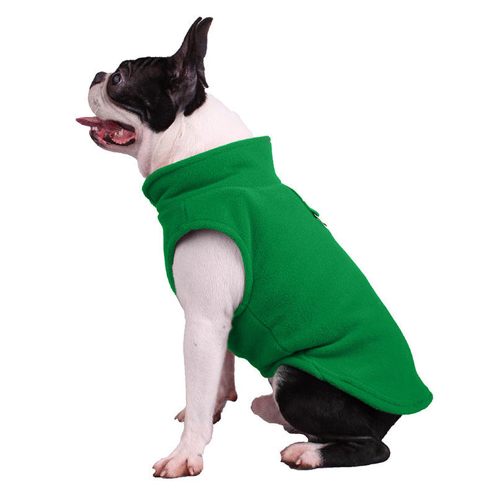 Boston Terrier in grünem Fleece-Hundemantel, seitlich, isoliert, Haustierbekleidung.