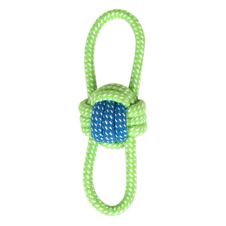 Grünes und blaues Hundespielzeug aus Seil, robustes Kauspielzeug für Hunde.