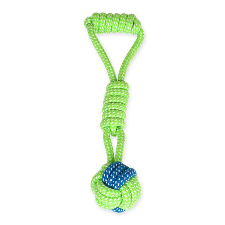 Grünes und blaues Hundespielzeug aus Seil, robustes Kauspielzeug für Hunde.