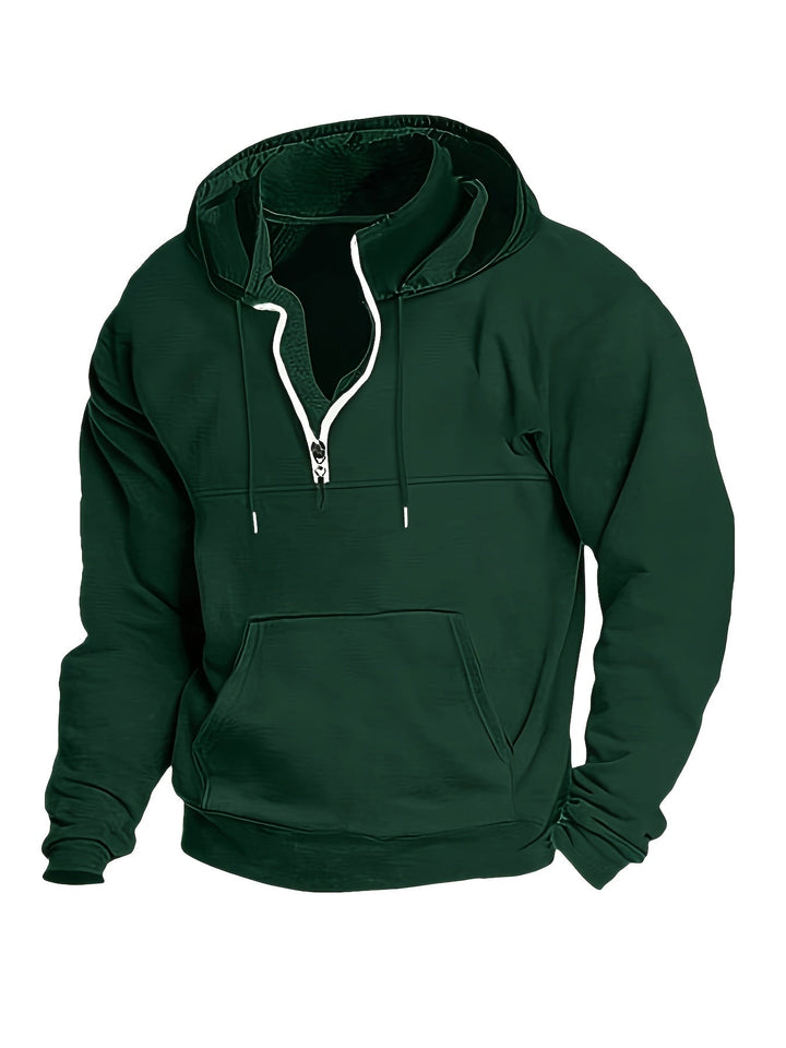 Dunkelgrüner Kapuzenpullover mit Reißverschluss, Kängurutasche, Herrenmode, Freizeitkleidung.