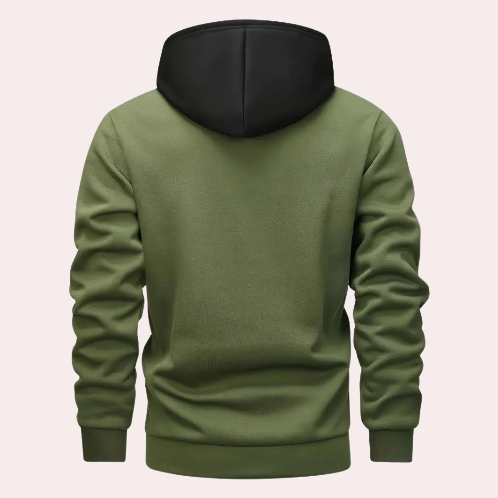 Grüne Kapuzenjacke aus Baumwolle, Rückansicht, schwarz gefütterte Kapuze, Herrenmode.