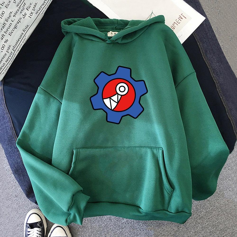 Grüner Hoodie mit Zahnrad-Design, Baumwolle, Unisex, lässig, Kapuzenpullover, Streetwear.