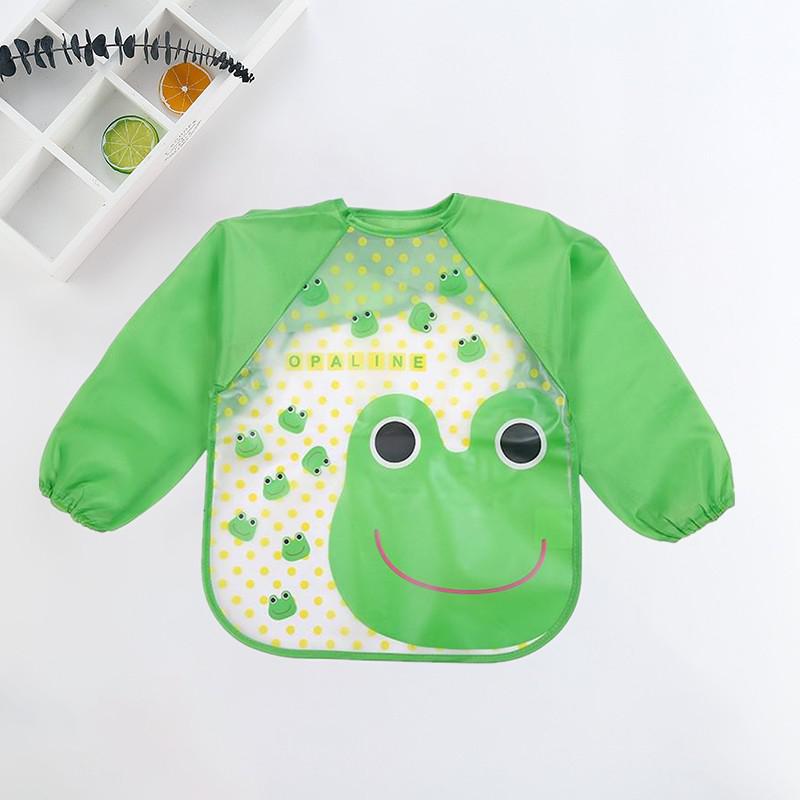 Grünes Kinder-Lätzchen mit Froschmotiv, wasserdicht, langärmlig, BPA-frei, OPALINE-Design.