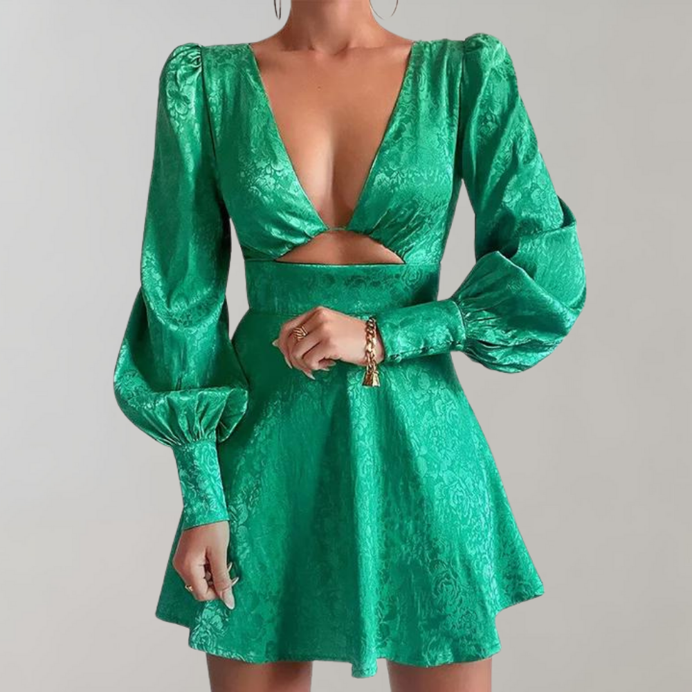 Grünes Minikleid mit Puffärmeln und tiefem Ausschnitt, elegantes Damenmode-Design.