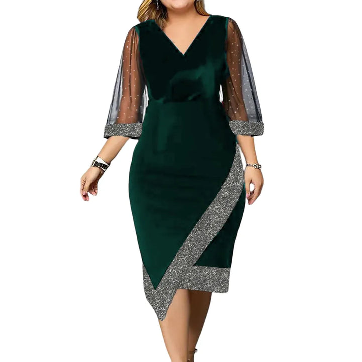 Damen Abendkleid grün, V-Ausschnitt, Pailletten, transparente Ärmel, knielang, elegant.