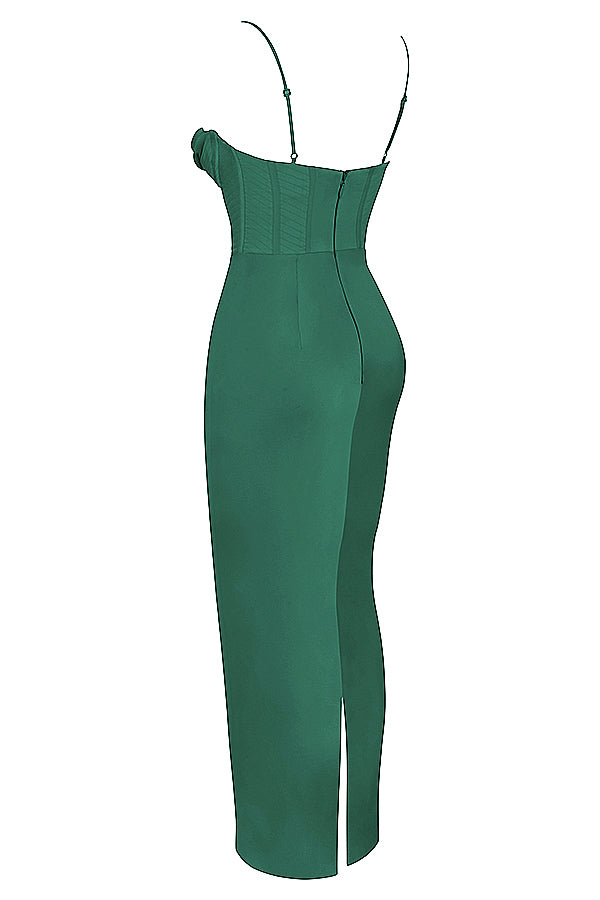 Grünes, schulterfreies Kleid mit Korsett-Design und Spaghettiträgern, elegantes Abendmode.