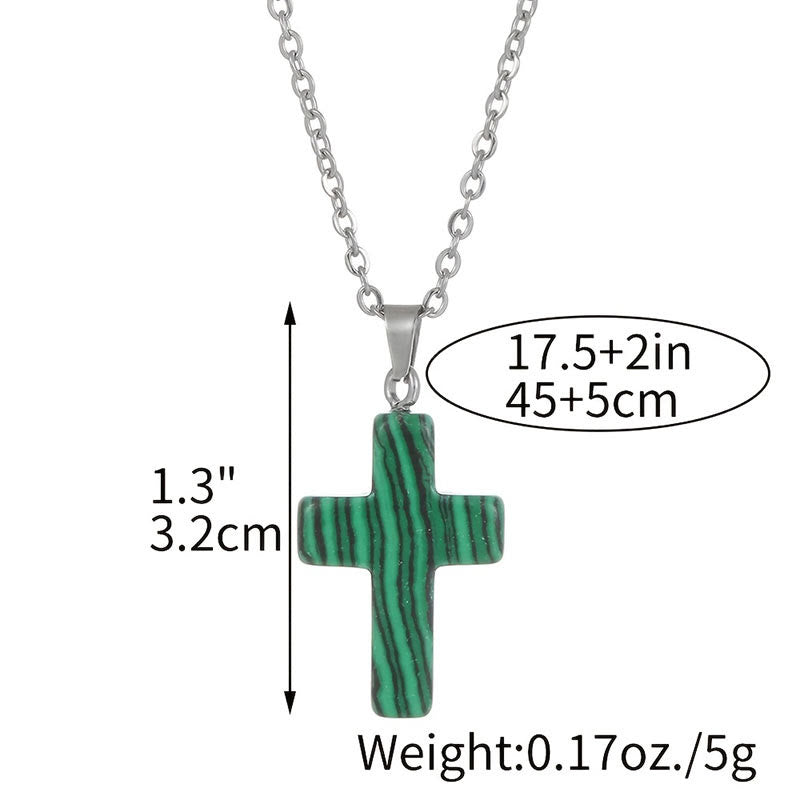 Grüne Kreuzkette aus Malachit, Edelstahlkette, 45+5 cm, modisches Schmuckstück für Damen.
