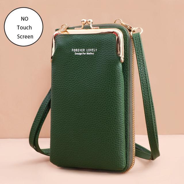 Grüne Leder-Handytasche mit Schulterriemen und Reißverschluss, elegantes Design.