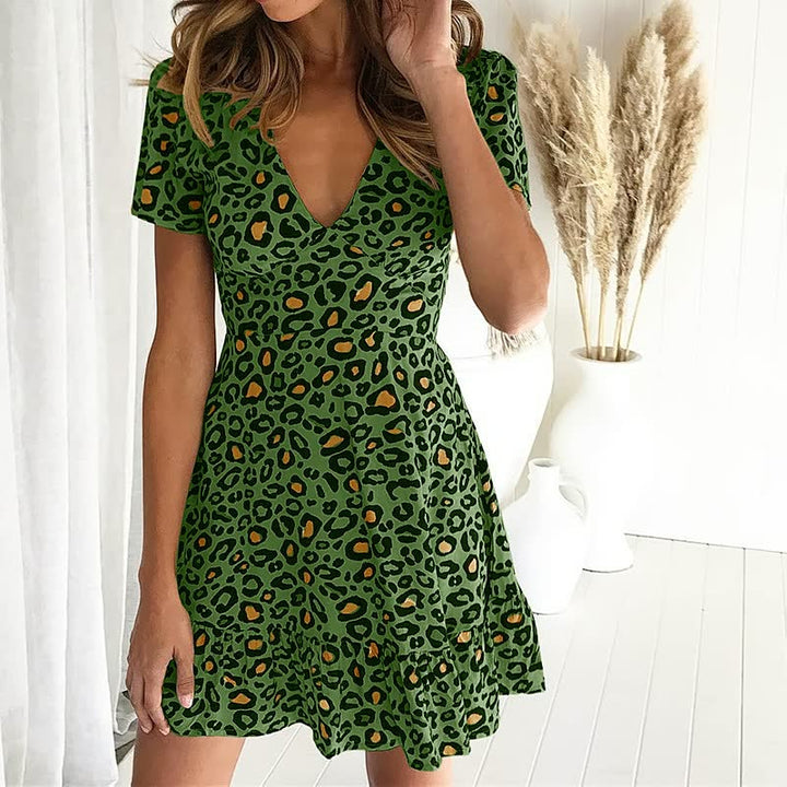 Grünes Leopardenmuster-Kleid, V-Ausschnitt, Kurzarm, Damenmode, Sommerkleid.