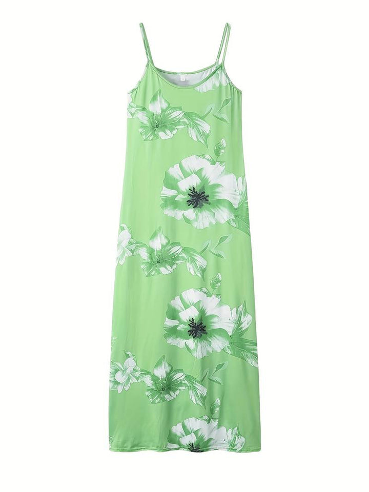 Grünes Maxikleid mit Blumenmuster, ärmellos, Sommermode, Damenbekleidung, elegant.