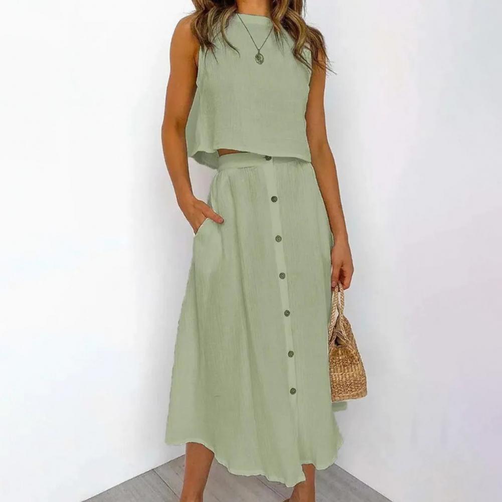 Damen Sommerkleid Set, ärmellos, grün, Knopfleiste, Leinen, lässig, Strandmode.